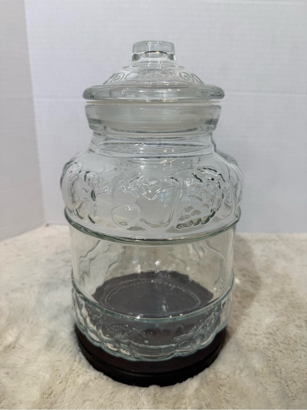 Vintage KIG INDONESIA clear glass fruit embossed cookie jar